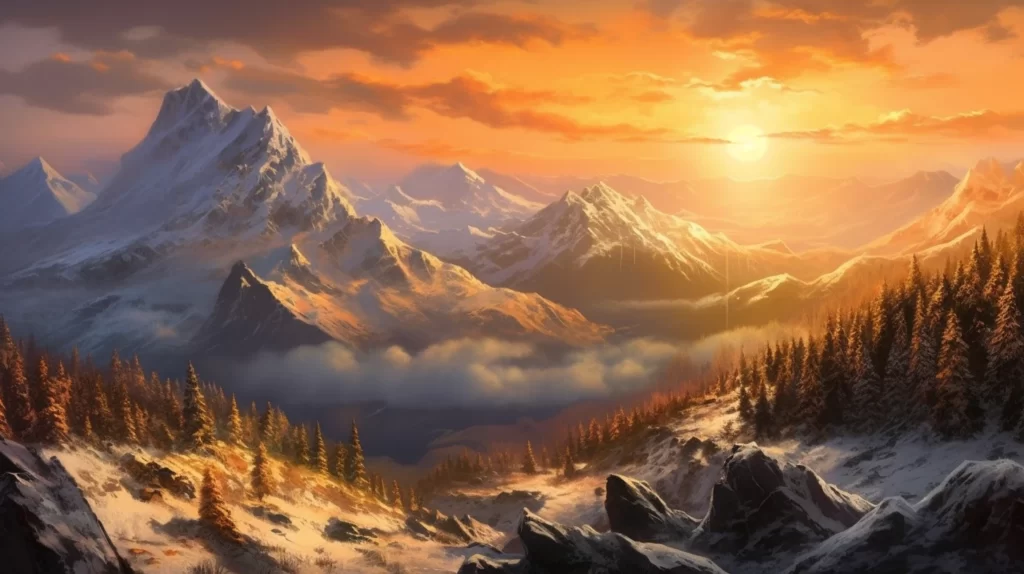 A serene mountain landscape at sunrise with mist hovering